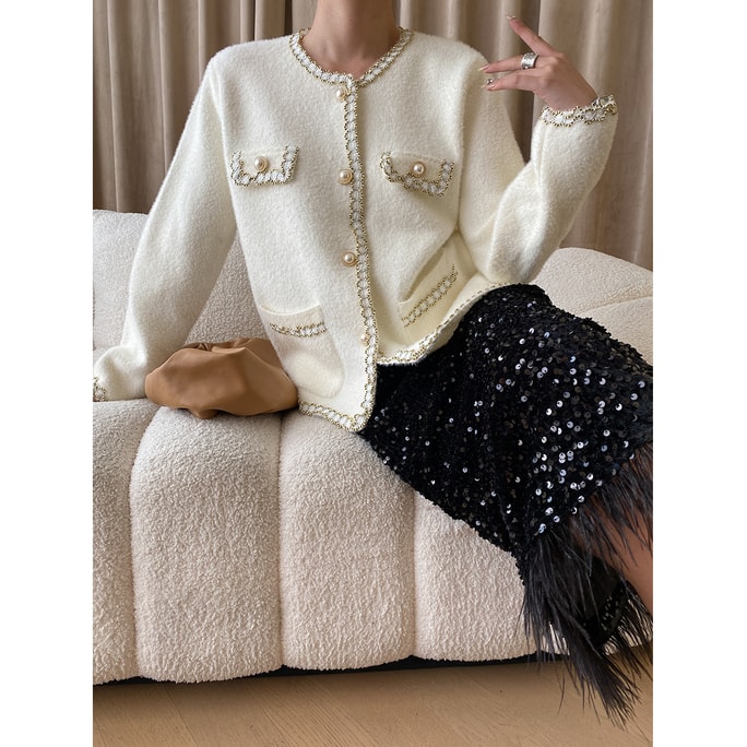 New Style High-End Small Fragrance Round Neck Knitted Sweater Off White M