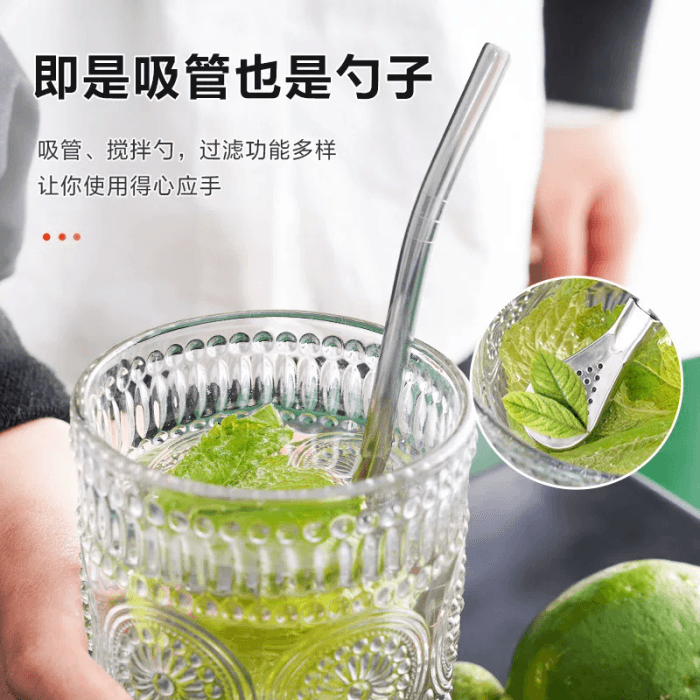 Jimei Long Straw Spoon 304 Stainless Steel Integrated Filter, Detachable, Comes with a Straw Brush, 1 Piece 3