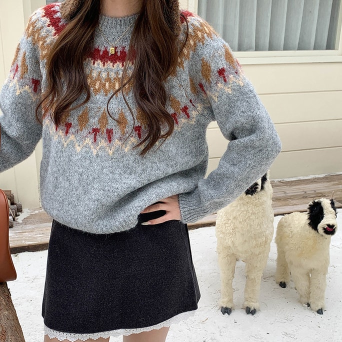 Women's New  Holiday Rhapsody Retro Fair Isle Intarsia Crew Neck Sweater  Gray One Size