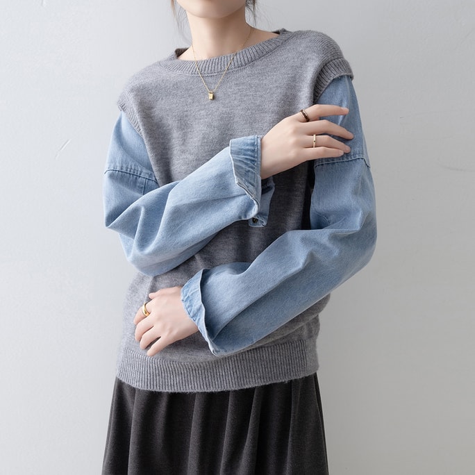 New Loose Round Neck Denim Patchwork Knit Sweater Gray Patchwork Denim S