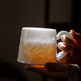 Jingdezhen Ceramic Tea Cup Landscape Embossed 15.2 fl oz with Strainer & Tote Bag
