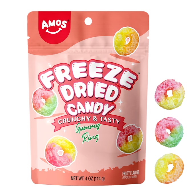 Freeze Dried Gummy Rings Premium Crunchy Fruit-Flavored Candy Fat-Free & Gluten-Free Resealable 4oz