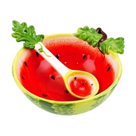 Creative Ceramic Dessert Salad Bowl Watermelon Set - One Bowl, One Spoon - Bowl 15.5*12.5*5.5CM, Spoon 14CM