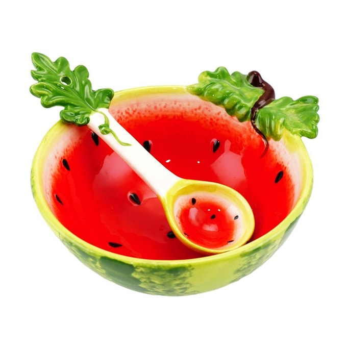 Creative Ceramic Dessert Salad Bowl Watermelon Set - One Bowl, One Spoon - Bowl 6.1*4.9*2.2in, Spoon 5.5in