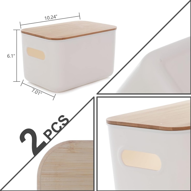 Citylife 2 Pcs Storage Bins With Bamboo Lids Plastic Stackable Storage Box With Handle 10.2 X 7 X 6.3 Inch 4