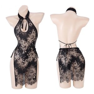 【中國直郵】 情趣內衣 性感水滴鏤空盤扣吊墜蕾絲高腰開叉古風旗袍 黑色 均碼