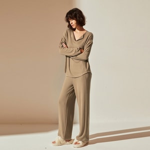 Women Mulberry Silk Loungewear Set For Autumn And Winter Pajamas With Built In Chest Pads Wearable Outside Warm Fleece Thermal Underwear Set Coffee Brown Size M 1 Piece