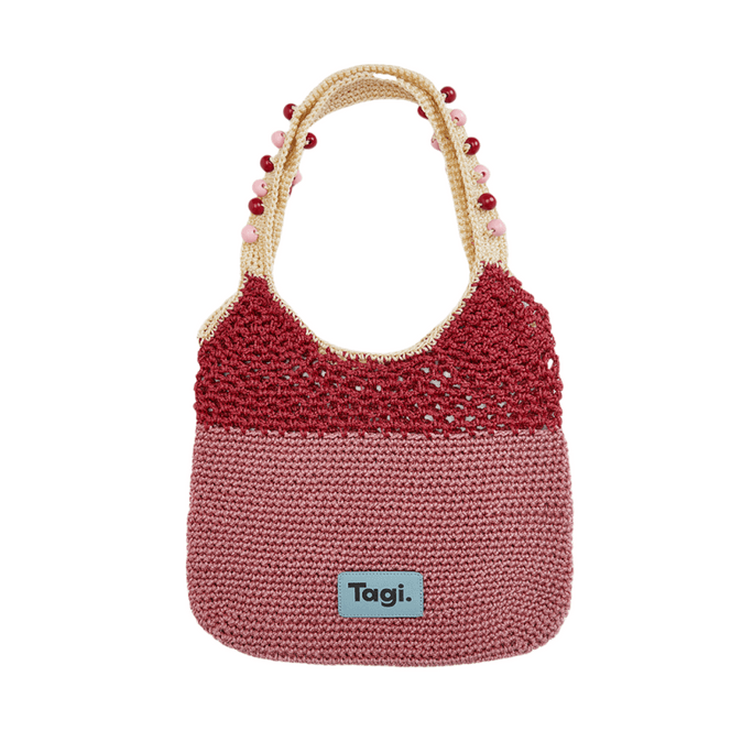【中國直郵】 Tagi 機靈果子手工串珠編織包 36×38cm 撞色單肩包 春夏通勤百搭 櫻桃莓粉紅款