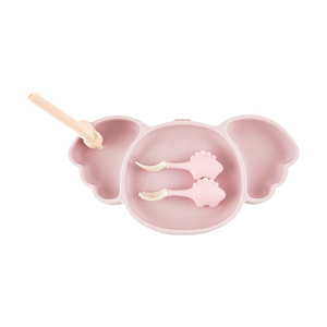 BC BABYCARE 嬰兒三合一矽膠餐盤組 含湯匙叉子和吸管 粉紅色