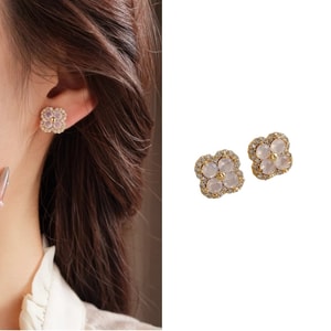 「中古Vintage」粉色四叶草耳钉满钻镶边糖果粉花朵 清新温柔系超闪锆石耳环 S925银针精致气质日常通勤约会耳饰女