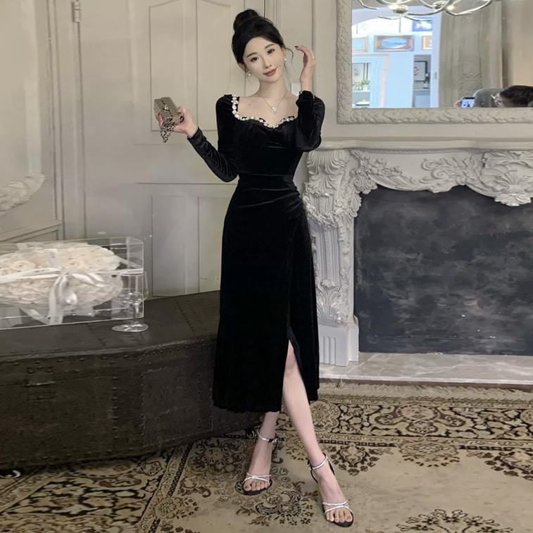 【中国直邮】 HSPM 轻奢小众party小礼服 高端圣诞聚会战袍 黑色丝绒连衣裙 黑色 L 5