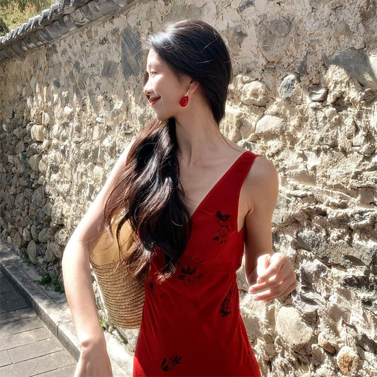 Rose red V-neck elegant waist-fitted hip-hugging slip dress vacation dress Red XS 1 piece 5