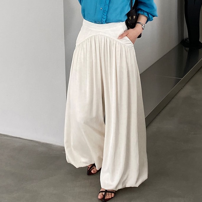 【Expédition directe depuis la Chine】 Pantalon lanterne HSPM, style naturel zen, décontracté, pour femmes, été, fin, jambes larges, lin, blanc cassé L