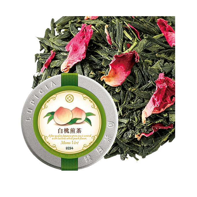 LUPICIA White Peach Sencha  illustrated label in can, 50g.
