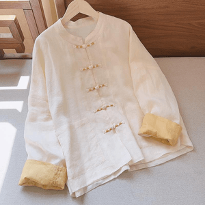 Chinese Style Cotton and Linen Knot Button Loose Cardigan Jacket Tai Chi Suit Beige M