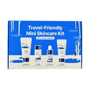 Birch Juice Travel Routine Trial Kit Hydrating 4-Step Mini Skincare Set Cleanser + Toner + Ampoule + Cream (Travel Size)