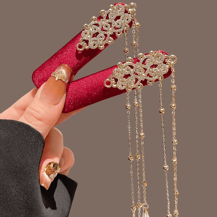 Red Phoenix Tianxi New Chinese-Style Red Pearl Tassel Hair Clips, Women's Pearl Tassel Bb Clips 7.5cm*1 Pair 3