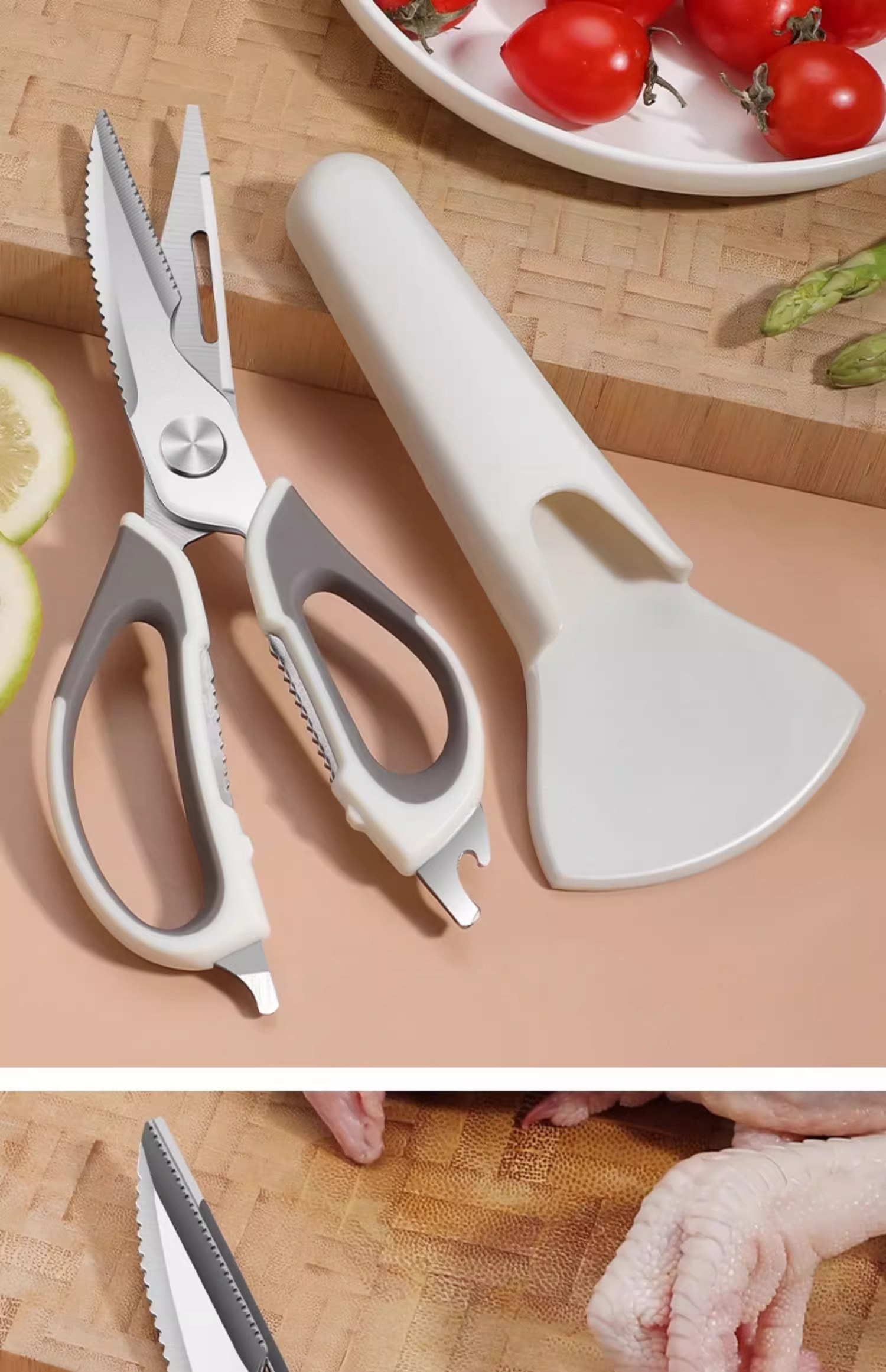  親太太 廚房剪刀不銹鋼多功能家用食物烤肉剪雞骨剪帶開瓶器核桃夾強力剪 白色 一把