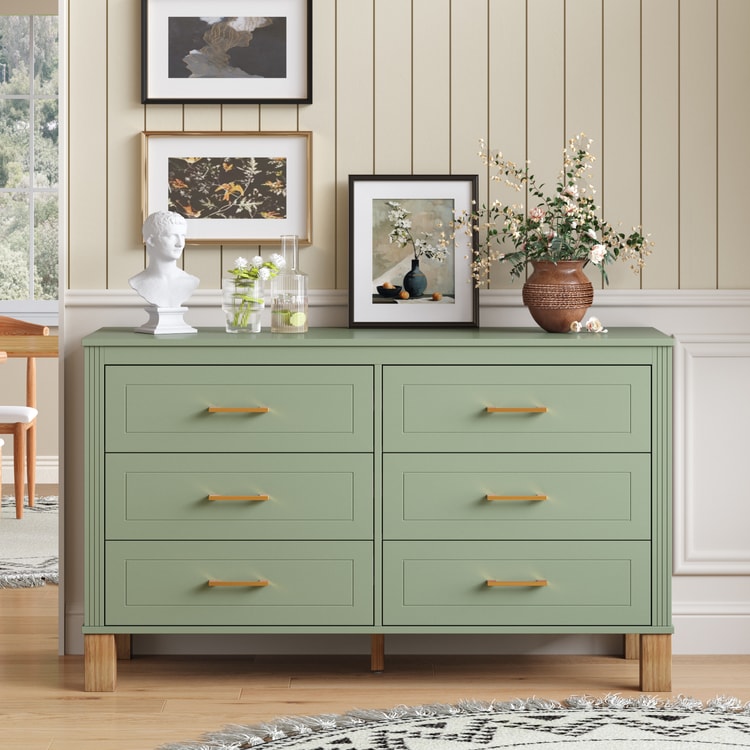 green dresser with gold hardware 6-Drawer Double Sage 47.24x17.72x29.92in【Fresh & Natural】Gold Metal Handles, Solid Wood Legs, Ball-Bearing Slides, Anti-Tip Device【Kids Room·Bedroom·Living Room】Sturdy Storage Cab bow mini dresses
