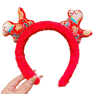 [중국 직배송] 메이자 셀렉션 말띠 해 새해 머리띠, 어린이용 봉제 헤어 액세서리, 사진 소품, 빨간색 말 두 마리 봉제 머리띠, 15cm*1