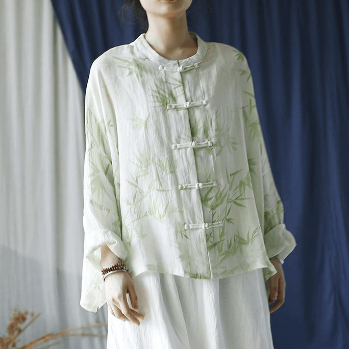 Chinese Style Ramie Print Knot Button Long Sleeves Loose Blouse Shirts Green Onesize