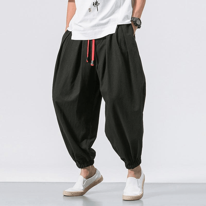 Chinese Style Men's Loose Hip Hop Lantern Harem Pants Black M