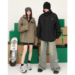 New American Retro Oversized Embroidered Hooded Jacket Black M