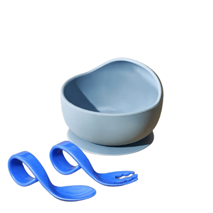 [중국에서 온 다이렉트 메일] Kechao 아기 먹는 법 훈련 숟가락 음식 그릇 실리콘 어린이 식기 통합 흡입 컵 그릇 낙하 방지 및 화상 방지 조용한 파란색 투피스 세트