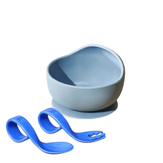 Baby Learning To Eat Training Spoon Complementary Bowl Silicone Children Quiet Blue Two Piece Set