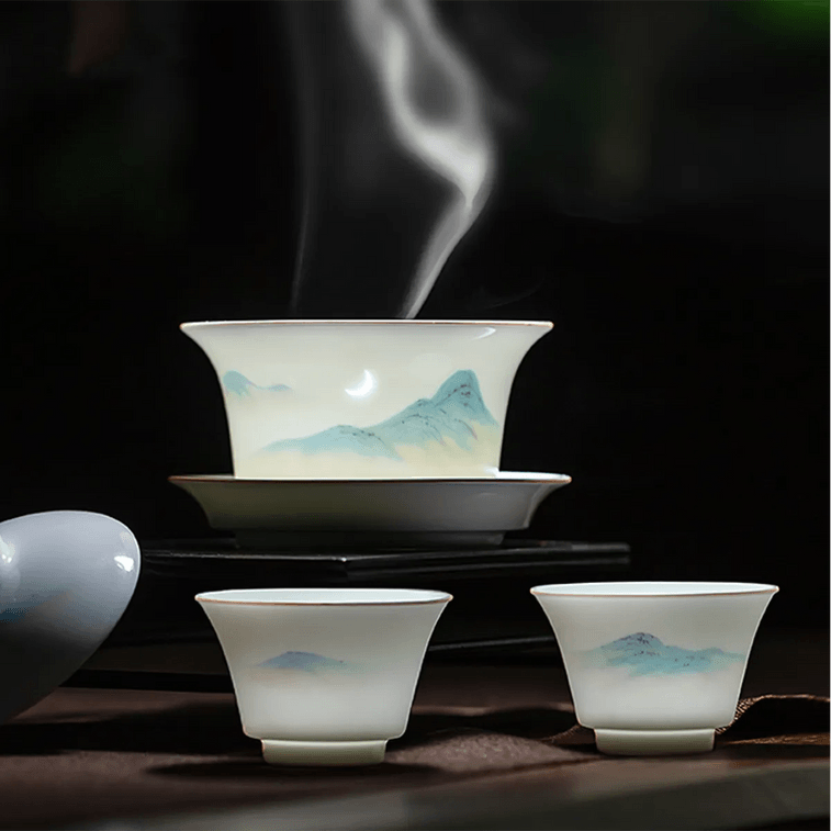 Jingdezhen Linglong Ceramic Gaiwan Tea Set 1 Gaiwan 1 Fair Cup 4 Cups Landscape Design 9