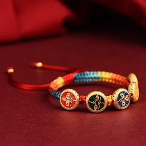 Tibetan Style Thangka Hand-Woven Rope Amulet Lucky Bracelet, Five Ways God of Wealth, Braided Rope, F, 1 piece
