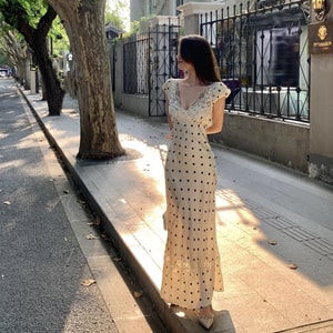 Ruyi French Style Waist-Fitted White Polka Dot Satin Dress with Elegant and Premium Feel Off White + Floral Vest S 1 Piece