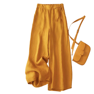 中国 ASIS新中式棉麻宽松复古高腰休闲裤阔腿裤-黄色 L