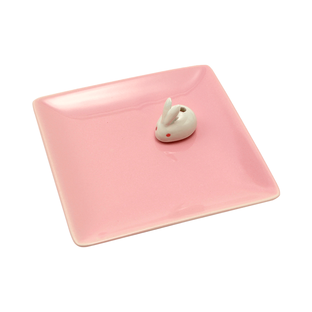 日本 日本香堂 陶瓷香盤&白兔香立 粉紅色 1個
