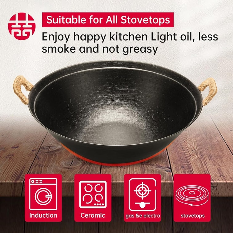 王源吉 【蘇鍋王+鍋鏟】 雙耳鑄鐵炒鍋 +鍋鏟 肚大鍋深 帶杉木蓋 手工古法 無塗層 物理不粘 平底鐵鍋 不挑爐灶 34cm 5