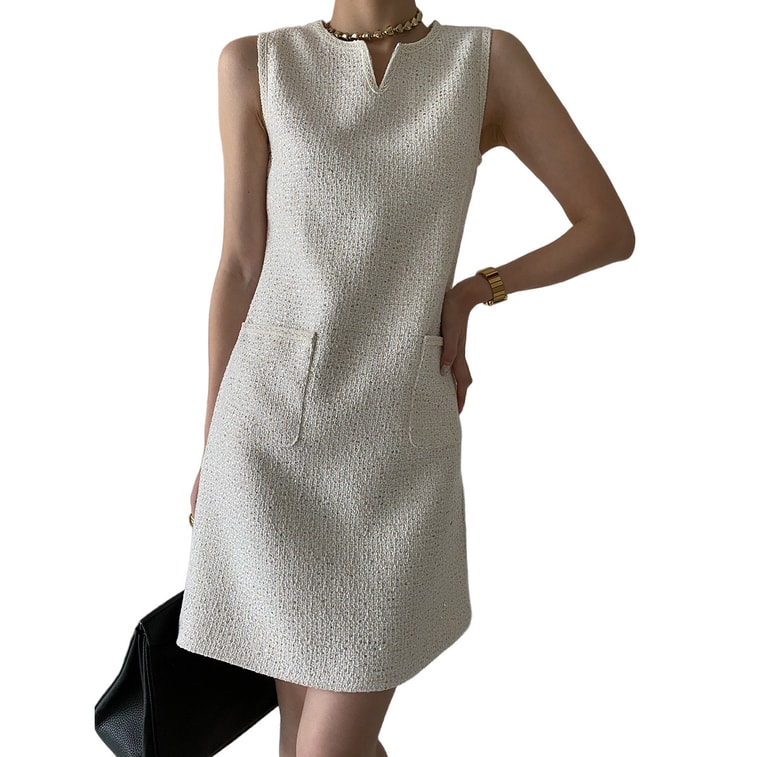 Full Sequin Embroidery Classic H Cut Tweed French Sleeveless Dress Tweed Style Off White M 10