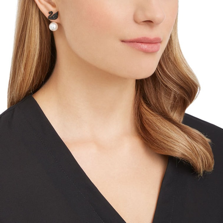 奥地利SWAROVSKI ICONIC SWAN 穿孔耳环花托 黑色 镀玫瑰金色  3