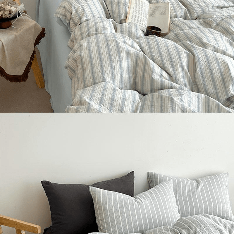 【中国直邮】 Lullabuy 织序水洗棉条纹床上四件套 蓝色-Queen