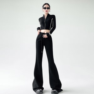 【中国直送】HSPM ハイウエストスリムスポーツカジュアルフレアパンツ ブラック レギュラーM