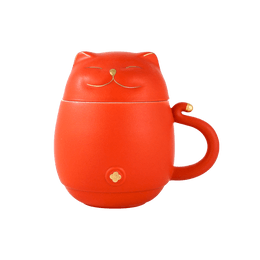 Red Lucky Cat Mug With Porcelain Strainer and Lid 4.5"H x 4.75"W