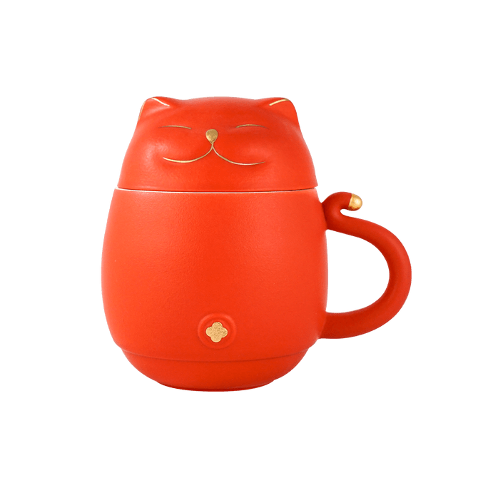 Red Lucky Cat Mug With Porcelain Strainer and Lid 4.5"H x 4.75"W