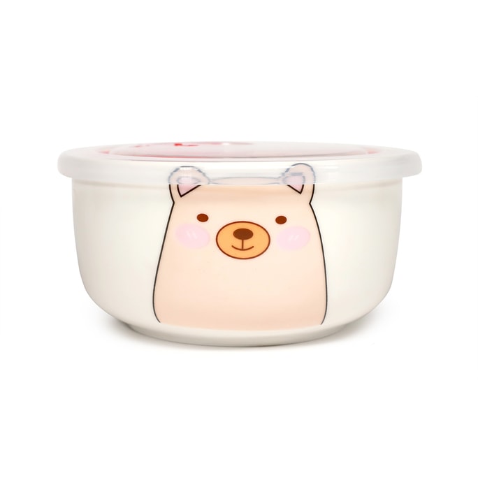 GINKGOHOME 手绘可爱动物 小号陶瓷圆形陶瓷便当盒面碗带盖可微波 精美陶瓷餐具 粉色小熊 8oz
