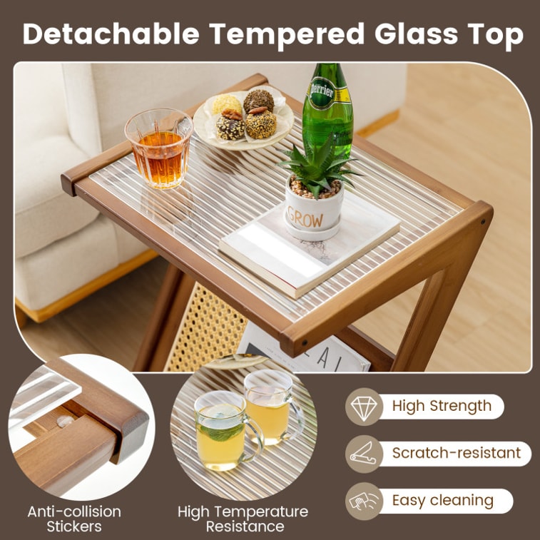 22 Inch Boho End Table With Magazine Rack And Tempered Glass Top-Walnut 5