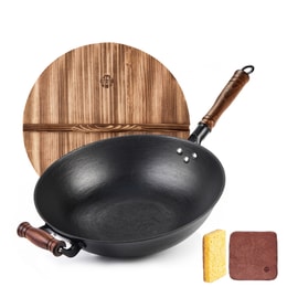 王源吉 ⭐手工铸造⭐【受热均匀储热持久】 36cm/14.17” 铁锅 炒菜锅 家用老式生铁锅 无涂层 越用越不粘炒锅 燃气灶/明火可用