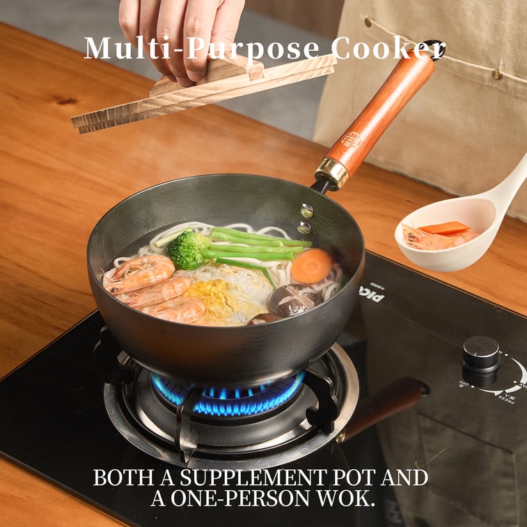 22CM Hammered Iron Milk Pot + 13cm Oil Splashing Pan – Compact Cooking Set with Mini Spatula 5