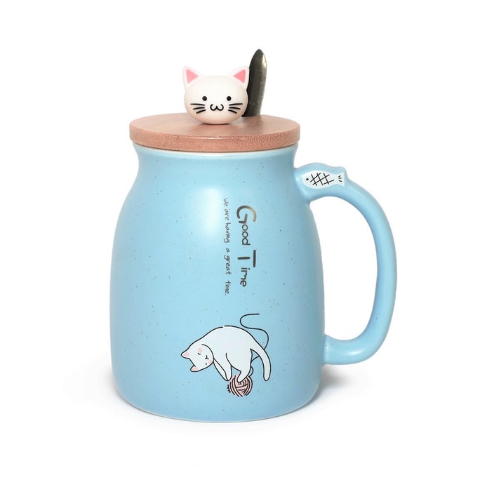 GINKGOHOME Cute Cat Milky Ceramic Mug With Spoon And Wood Lid - Sky Blue 12oz