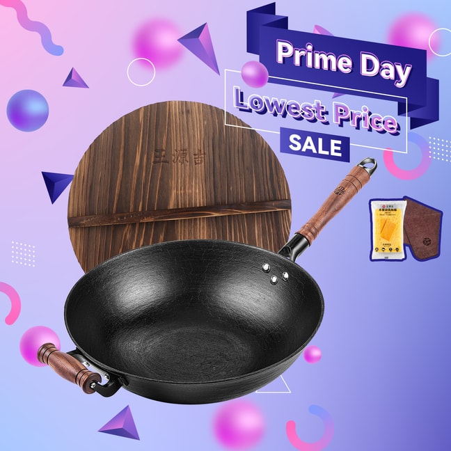 WANGYUANJI 34cm/13.4” Chinese Cast Iron Wok Craft  Wok Flat Bottom with Lid Fry Pan Suitable for  All Stoves-Black