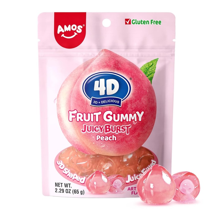 Amos 4D Gummy Fruit Filled Candy Fruit Snacks Juicy Burst Peach Flavor Soft and Chewy Gluten Free 2.29Oz Per Bag