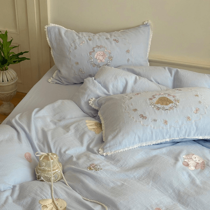 Cottagecore Bunny Bedding Set Blue-Twin