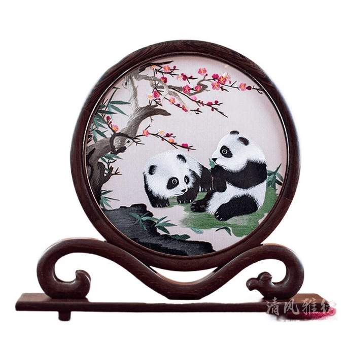 【中國直郵】 全程錦繡 手工雙面蘇繡擺飾 雞翅木底座居家擺飾 國寶熊貓 26*29cm